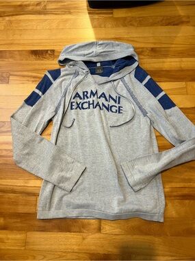Armani Exchange Light Gray Hoodie with Navy Stripe Accents